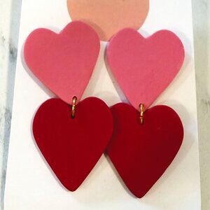 Heart eearrings, pink and red, handmade, dangly but lightweight